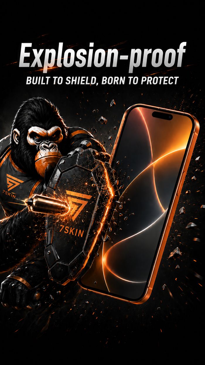7Skin explosion-proof tempered glass shielding a phone screen from impact