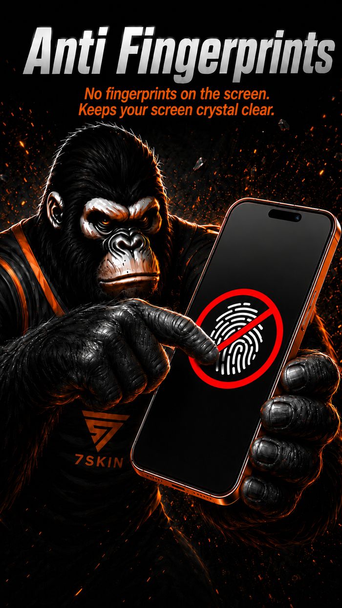 A fingerprint icon crossed out, showing the anti-fingerprint coating on a 7Skin screen protector