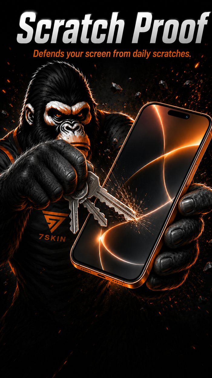 Keys pressed against a 7Skin screen protector without leaving a scratch